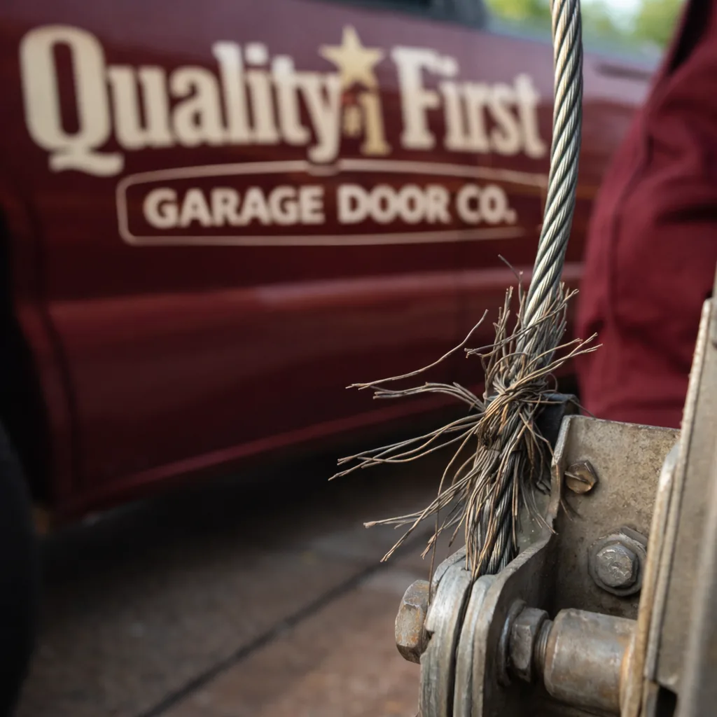 Close-up of a frayed garage door cable at the bottom bracket, showing individual strands separating