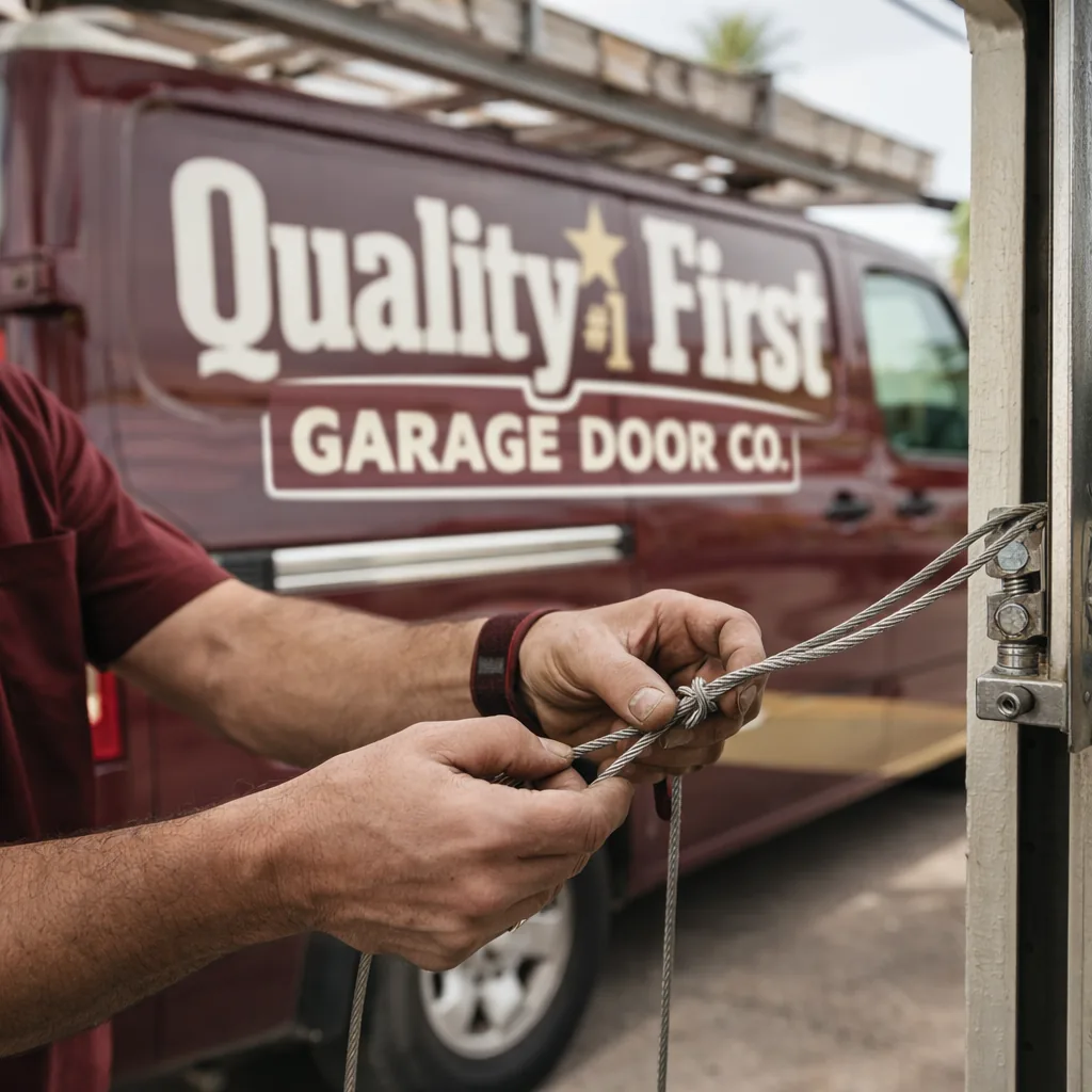 Close-up of a technician's hands threading a new galvanized aircraft cable through the bottom bracket of a garage door