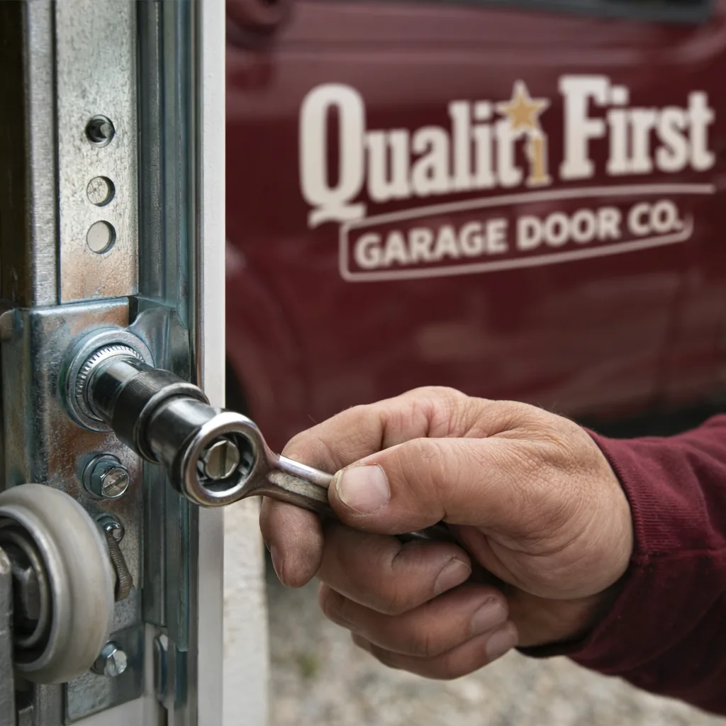 Close-up of a technician bolting new roller track hardware into place along the side of a garage door opening.