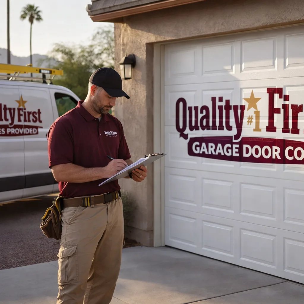 A technician standing next to a newly installed sectional garage door, reviewing an installation checklist on a clipboard in a Phoenix driveway.