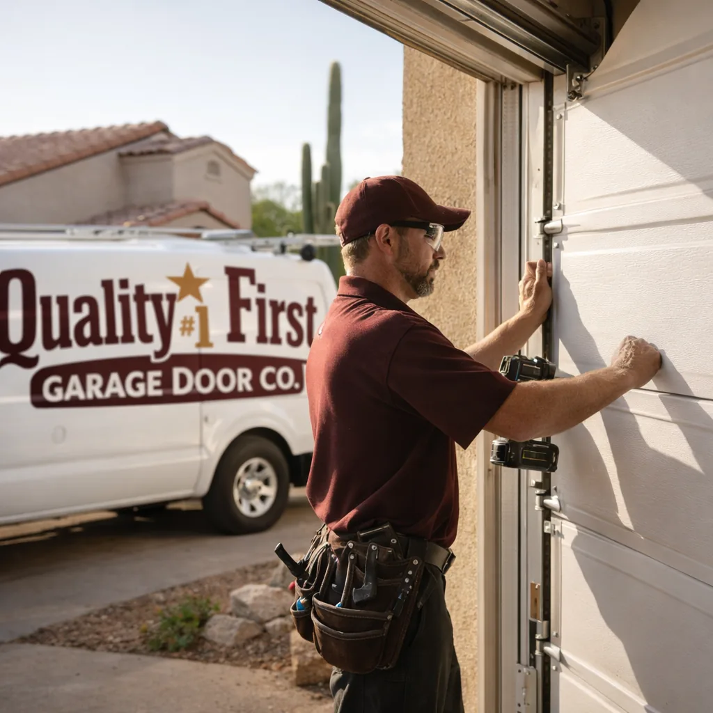 A technician installing a new residential garage door panel by panel into the track at a Phoenix home.