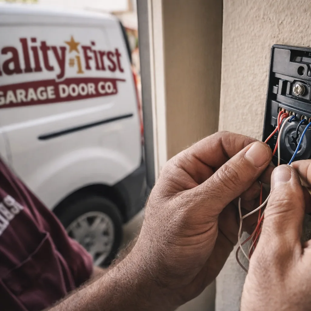 A close-up of a technician's hands wiring a garage door opener's wall control panel near the entry door.