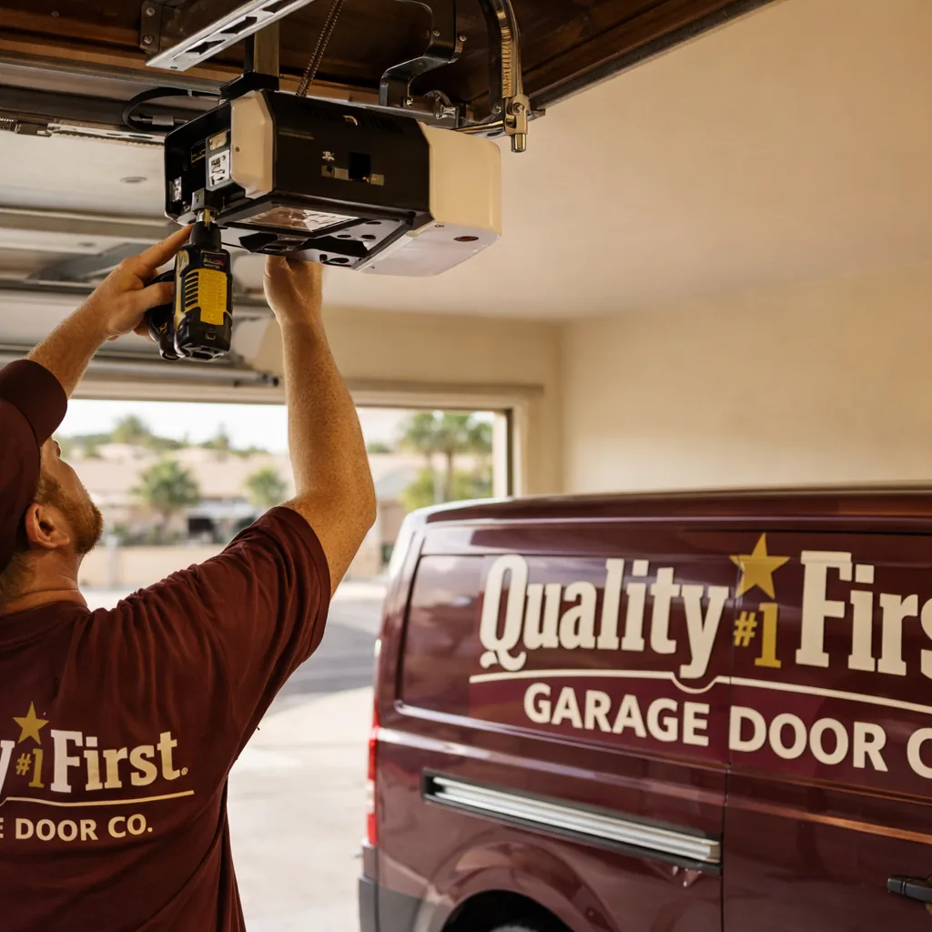 A technician mounting a new garage door opener motor unit to the ceiling rail of a residential garage.