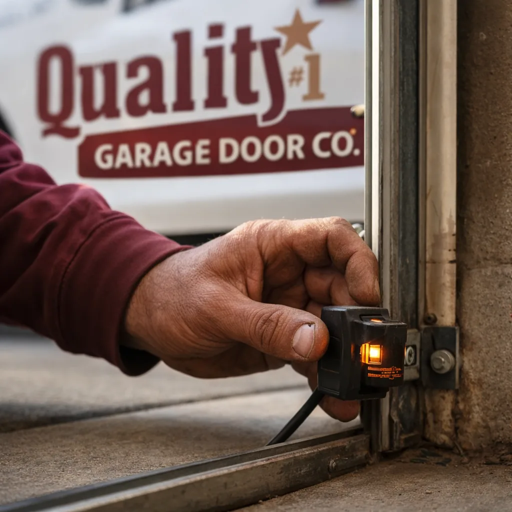 A close-up of a garage door opener's safety sensor being aligned near the floor track by a technician's hand.