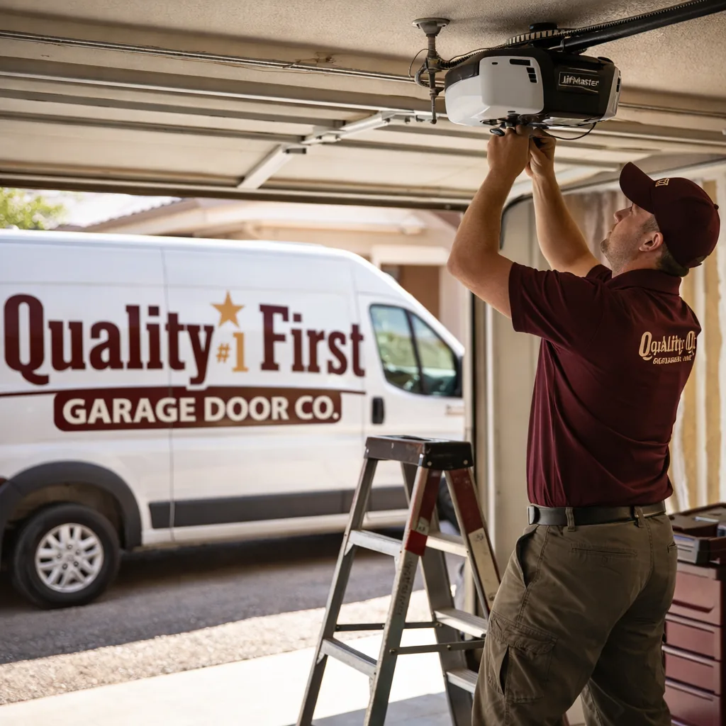 A uniformed technician standing on a step ladder checking a garage door opener motor unit mounted on the ceiling of a residential garage.