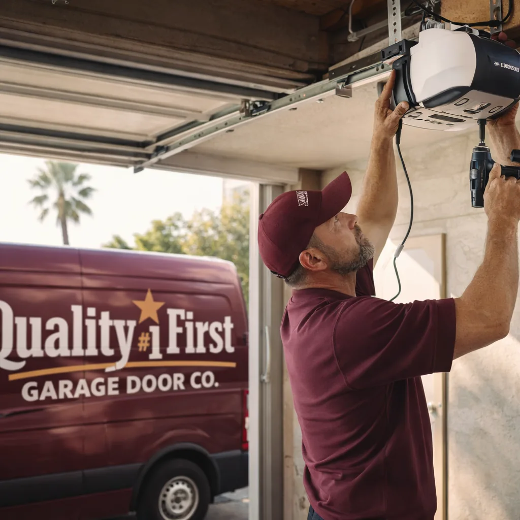 A uniformed technician mounting a new belt-drive garage door opener motor unit to the ceiling of a residential garage in Phoenix, sunlight visible through the open door.