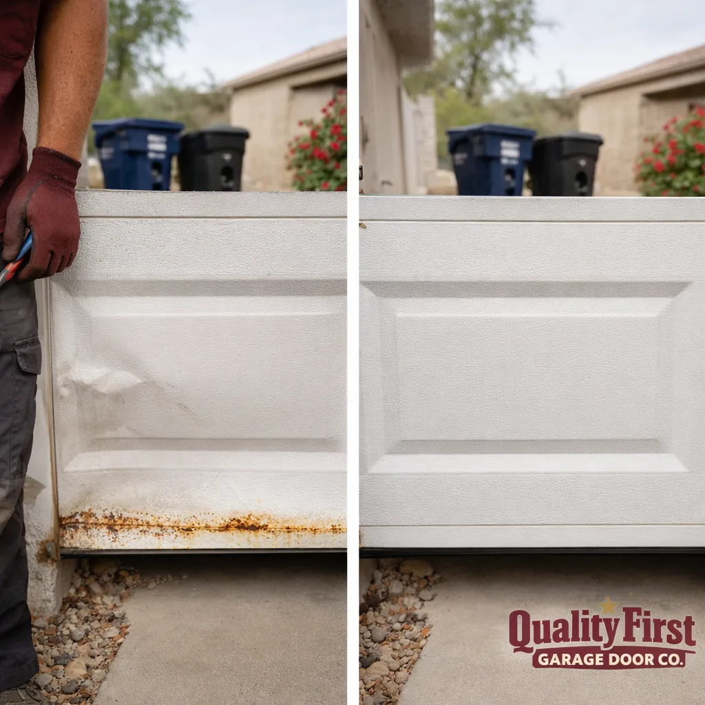 Side-by-side of a garage door section before replacement, showing a dented steel panel with rust along the bottom edge, and after, with a new matching panel installed.