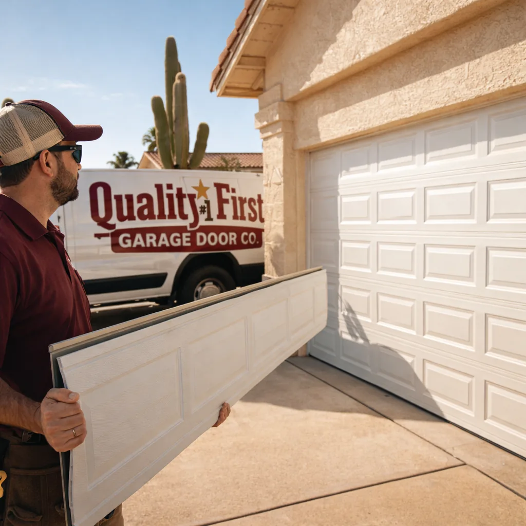 A technician holding a replacement steel garage door panel section beside a residential sectional door in a sunny Phoenix driveway.