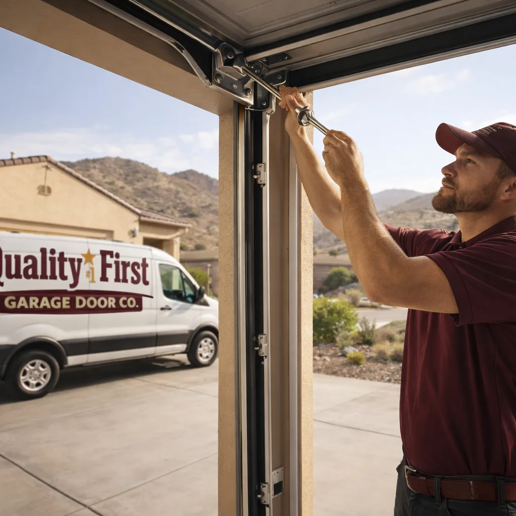A technician working on an open garage door track outside a new single-story home in a Buckeye subdivision, with desert hills visible in the background.