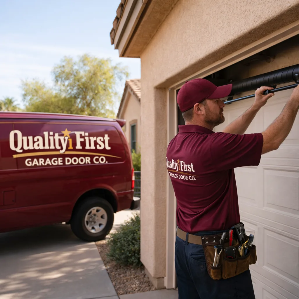 A uniformed technician inspecting a torsion spring on a two-car garage door outside a stucco Chandler home, with the driveway and desert landscaping visible.