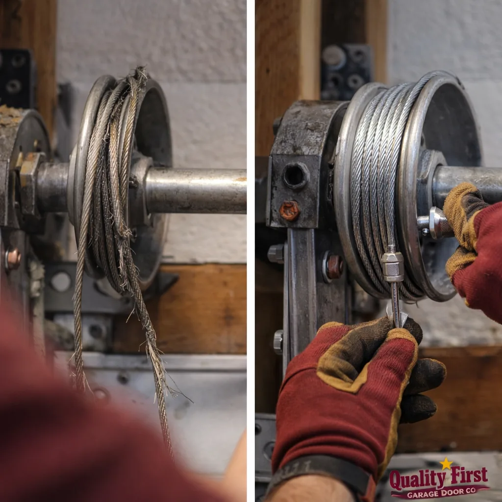 Side-by-side comparison of a worn, frayed garage door cable next to a new replacement cable installed on the drum.
