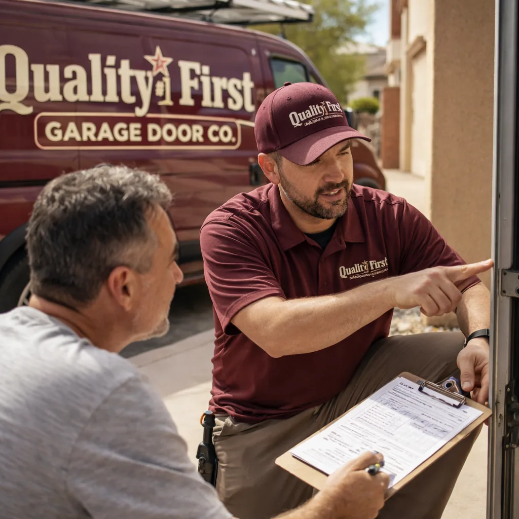 A technician kneeling beside an open garage door, pointing out a worn part to a homeowner and reviewing a written quote on a clipboard.