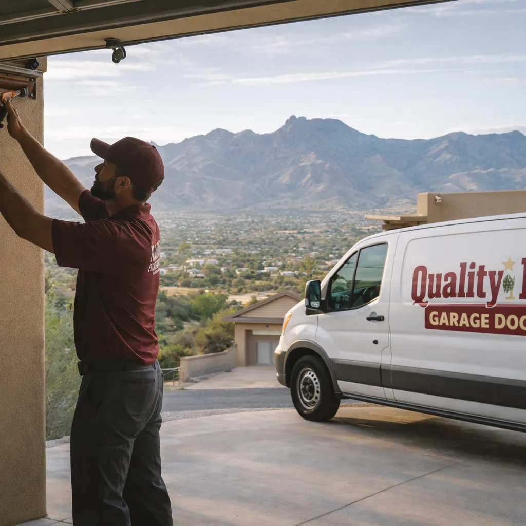A uniformed technician working on an open garage door at a hillside Fountain Hills home, with the McDowell Mountains visible in the background.