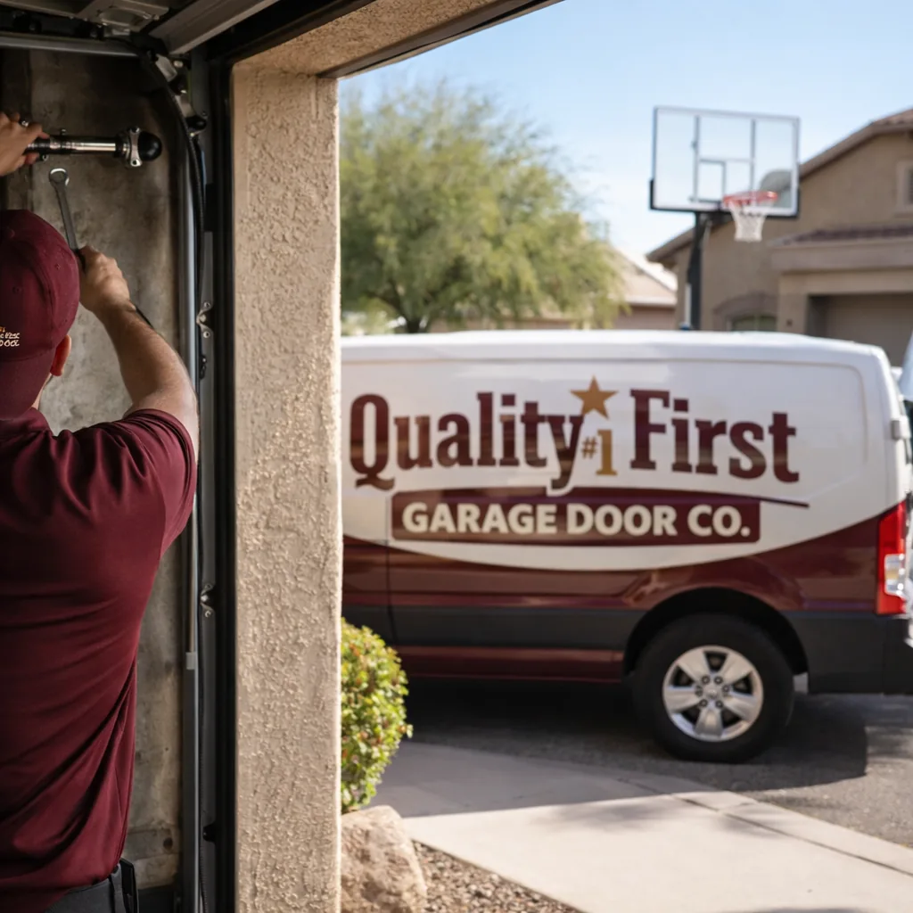 A technician working on an open garage door at a Gilbert home with a family driveway and basketball hoop visible