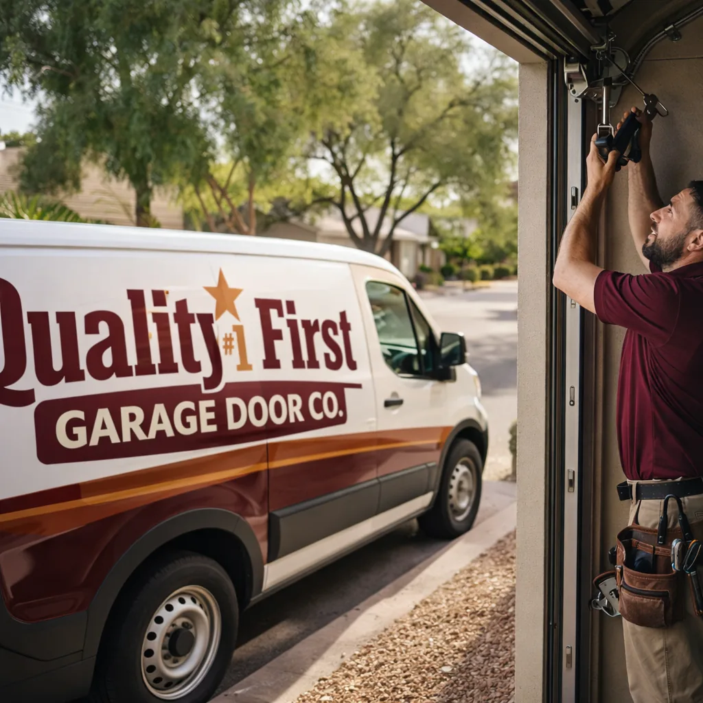 A technician working on a residential garage door in a Glendale neighborhood with mature trees