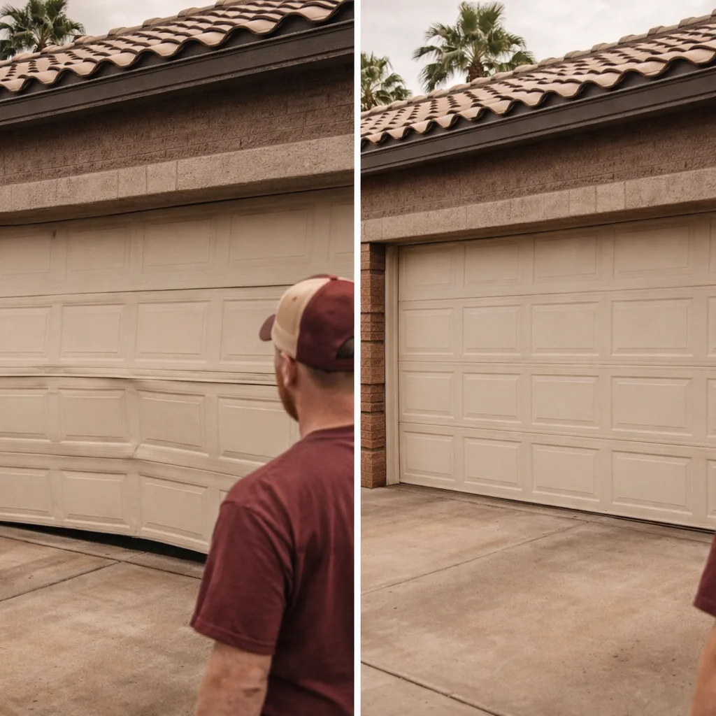 Side-by-side of a sagging, off-balance garage door before repair and the same door running level after a spring replacement, on a newer Goodyear home.