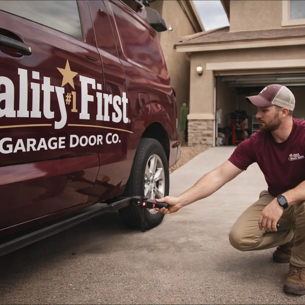A technician testing a garage door opener's sensor alignment in front of an open two-car garage on a newer Goodyear home.