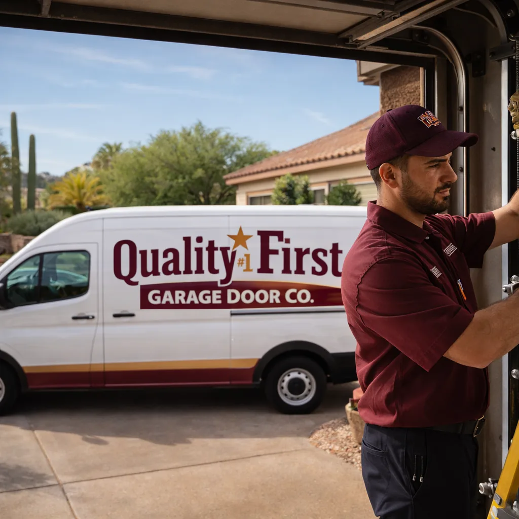 A uniformed Quality First technician working on an open residential garage door in a sunny Phoenix driveway with a service van parked nearby