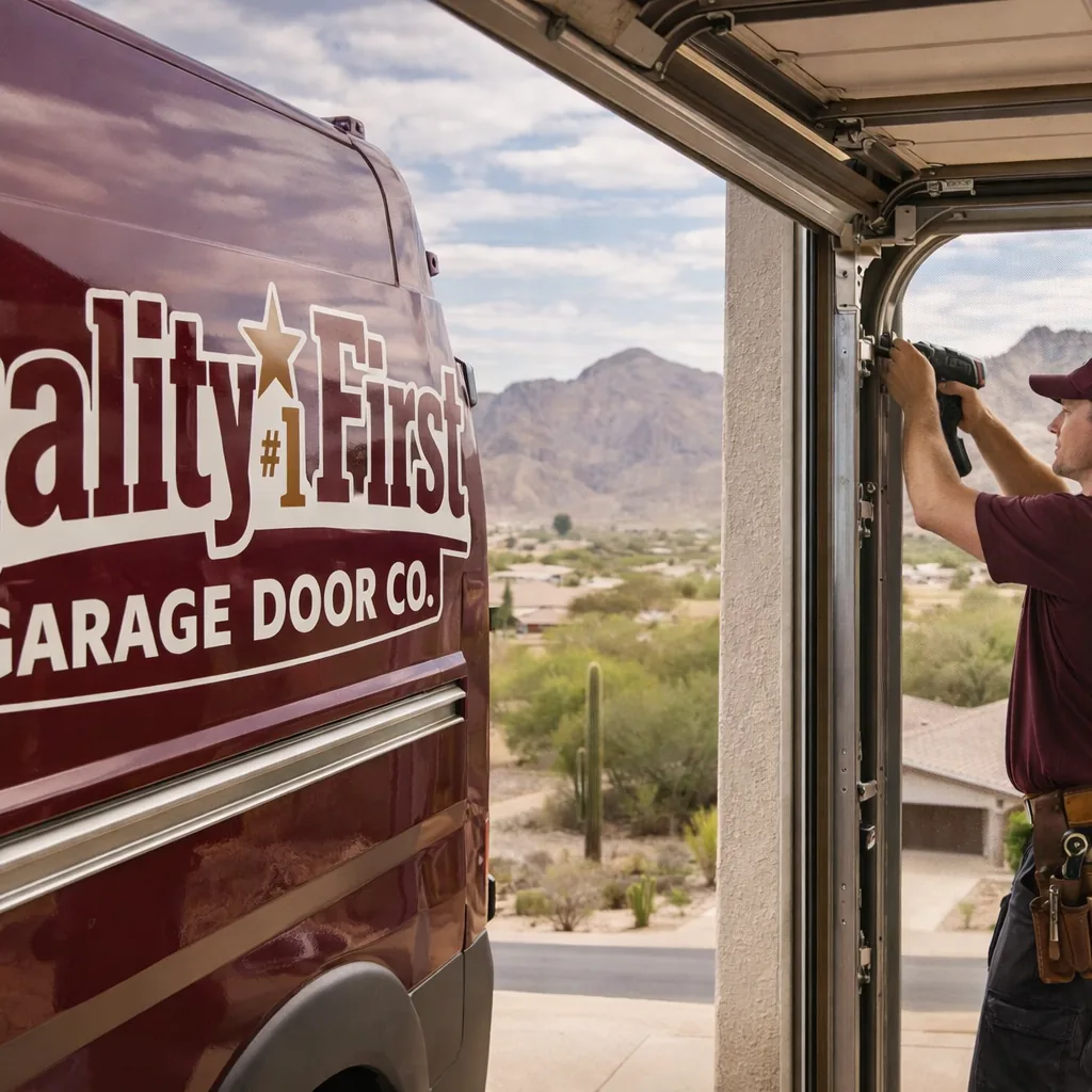A uniformed technician working on an open garage door at a Mesa home, mountains visible in the background