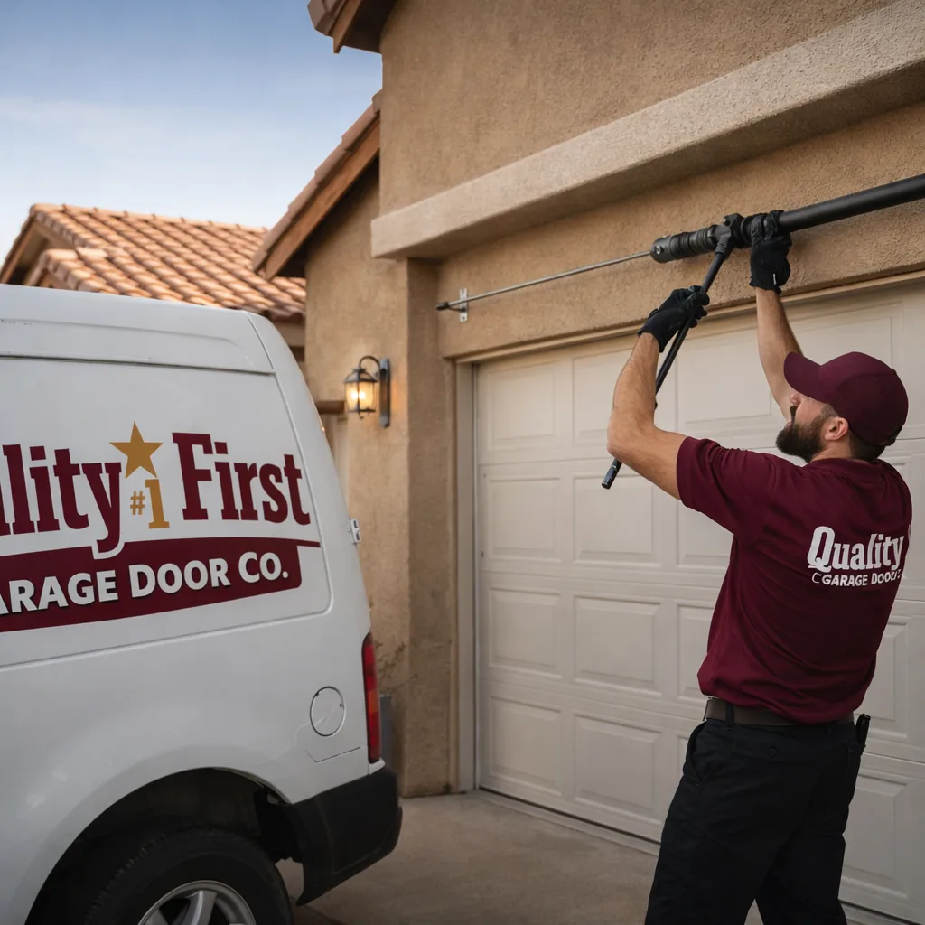 A technician replacing a torsion spring over a two-car garage door on a newer stucco home in north Peoria.