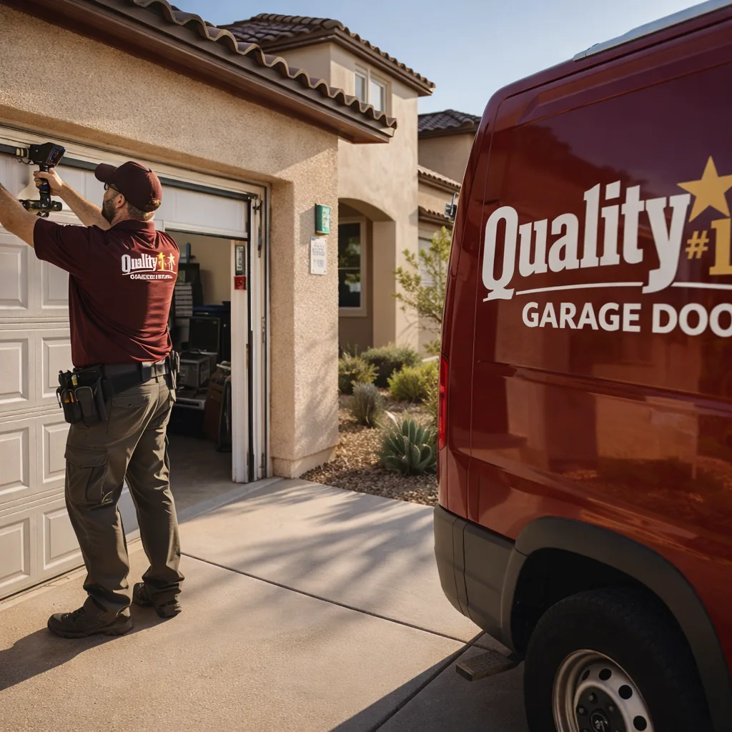 A uniformed technician repairing a garage door at a newer suburban Queen Creek home with a stucco facade and desert landscaping.