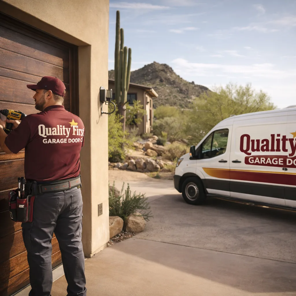 A technician working on a large custom garage door at a north Scottsdale home with desert landscaping