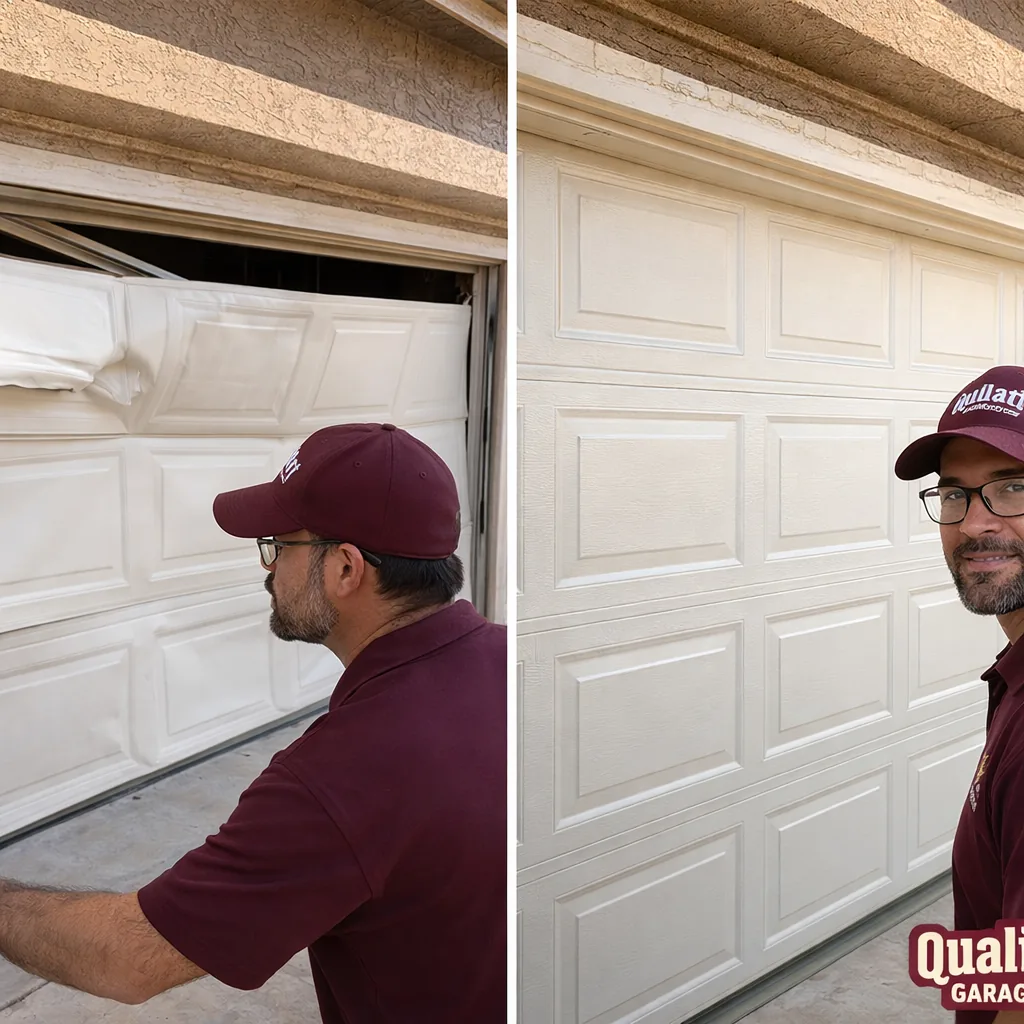 Side-by-side of a dented, off-track garage door panel and the same door after replacement and realignment on a Surprise home.