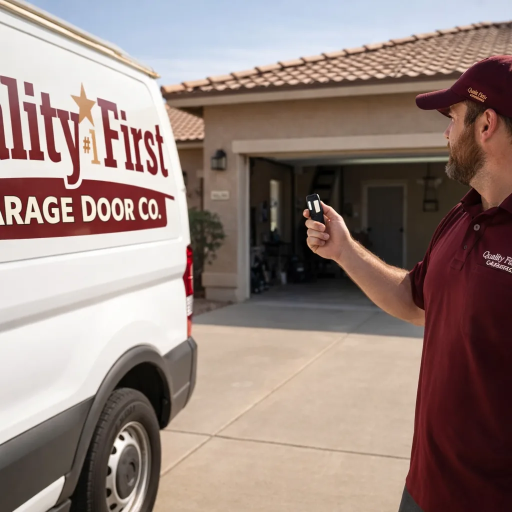 A technician testing a garage door opener's remote control in front of an open two-car garage on a single-story Surprise home.