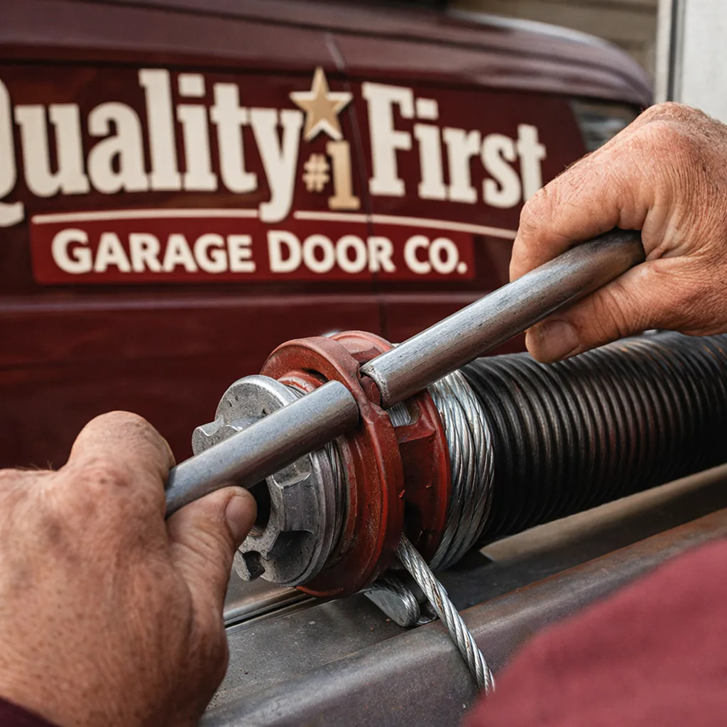 Close-up of a technician's hands adjusting the tension on a torsion spring over a garage door, showing the winding bar and cable drum.