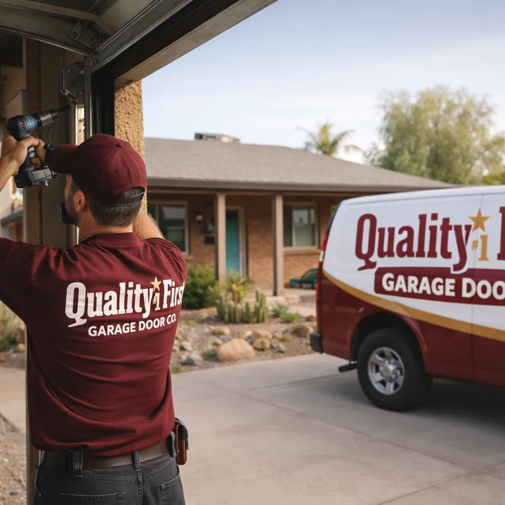 A technician working on an open garage door track outside a mid-century single-story home in an established Tempe neighborhood.