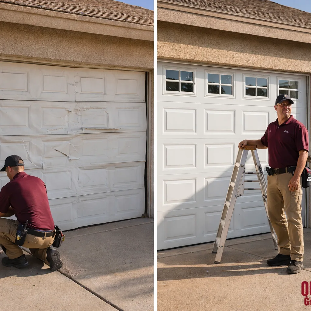 A side-by-side style comparison of a worn, dented old garage door next to a new insulated replacement door on the same home.