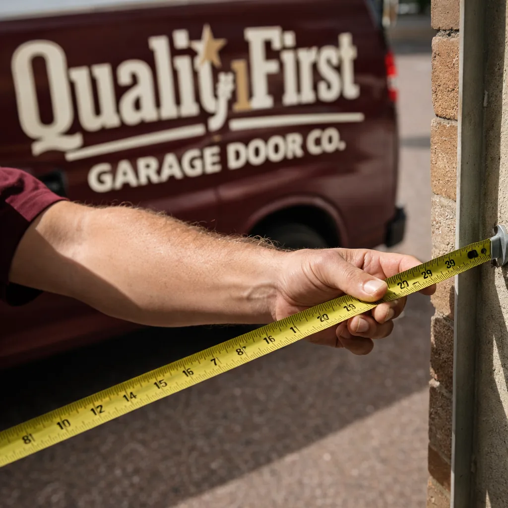 Close-up of a technician measuring the width of a garage door opening with a tape measure before installation.