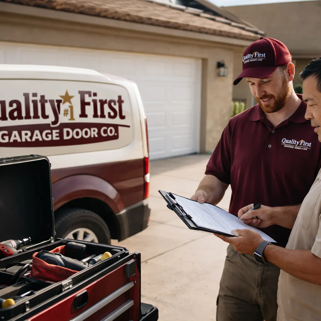 A technician standing beside an open toolbox reviewing a written estimate with a homeowner in front of a newly installed garage door.