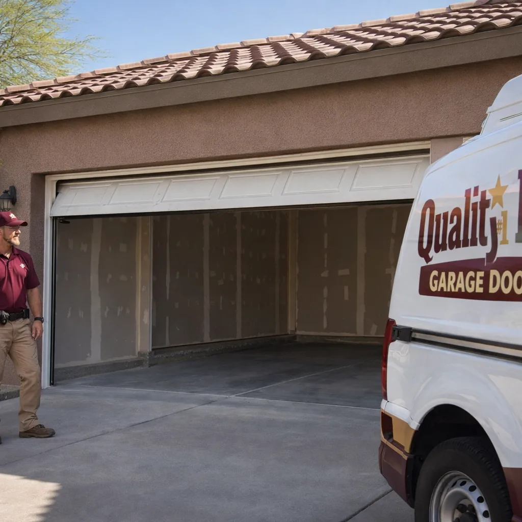 A new residential garage door freshly installed, fully open, at a Phoenix home with a technician standing nearby.