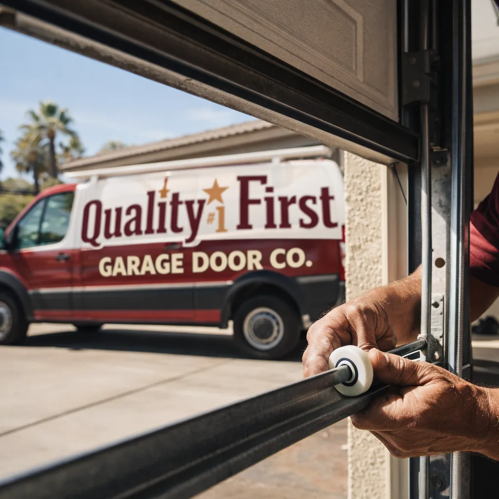 A technician's hands guiding a new nylon roller into a garage door track on a sunny Phoenix driveway, door partially raised