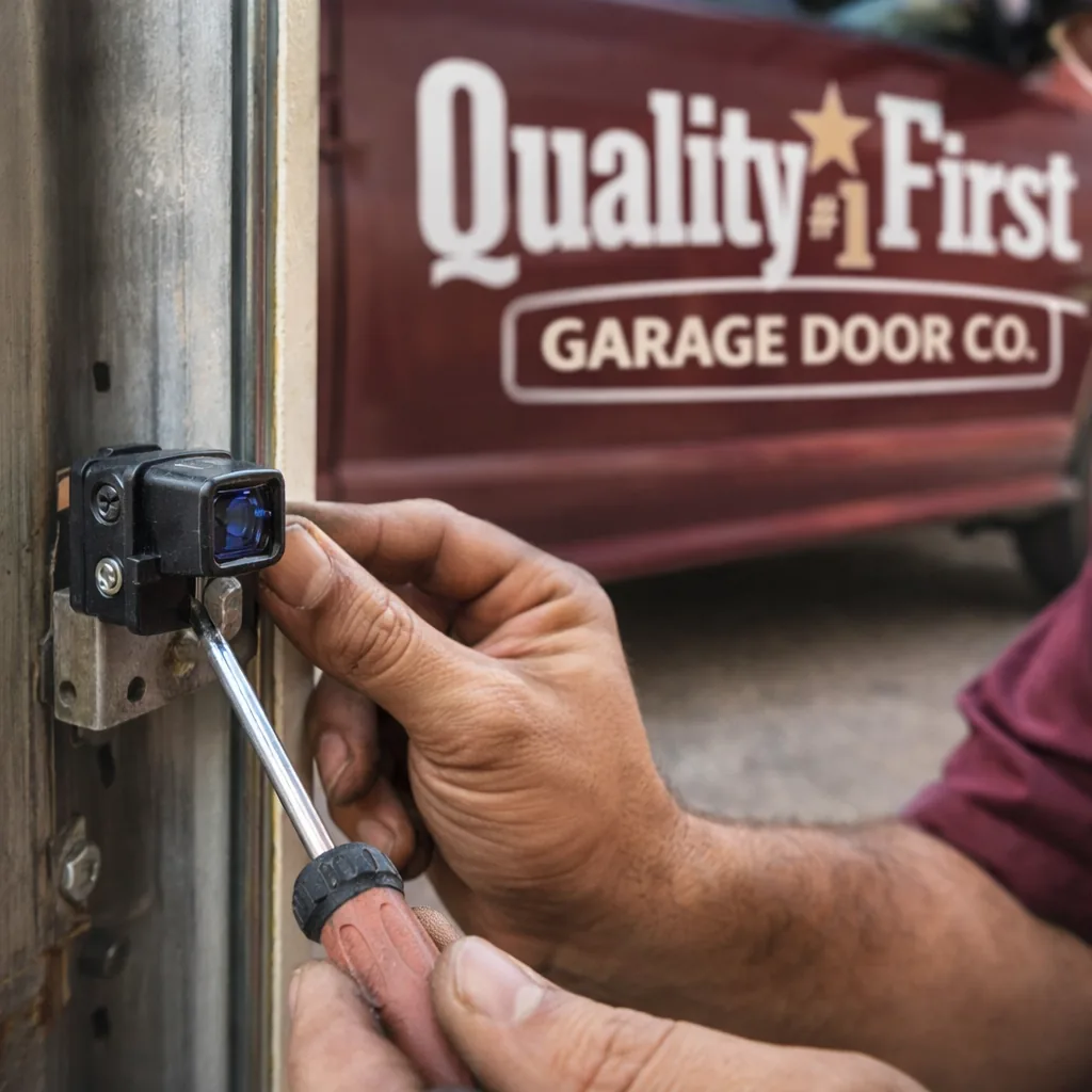 Close-up of a technician adjusting a small photo-eye safety sensor mounted near the bottom of a garage door track.