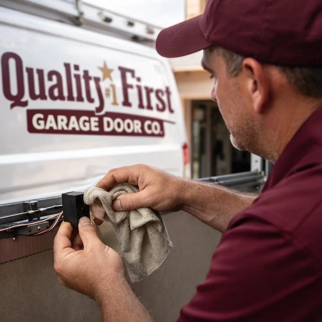 A technician wiping dust off a garage door safety sensor lens with a cloth, sensor wiring visible along the track.