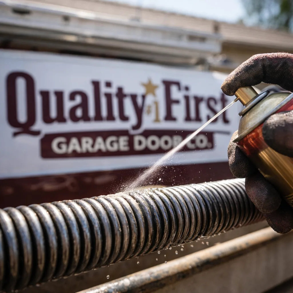 A close-up of a technician's gloved hand lubricating the coils of a garage door spring mounted above the door.