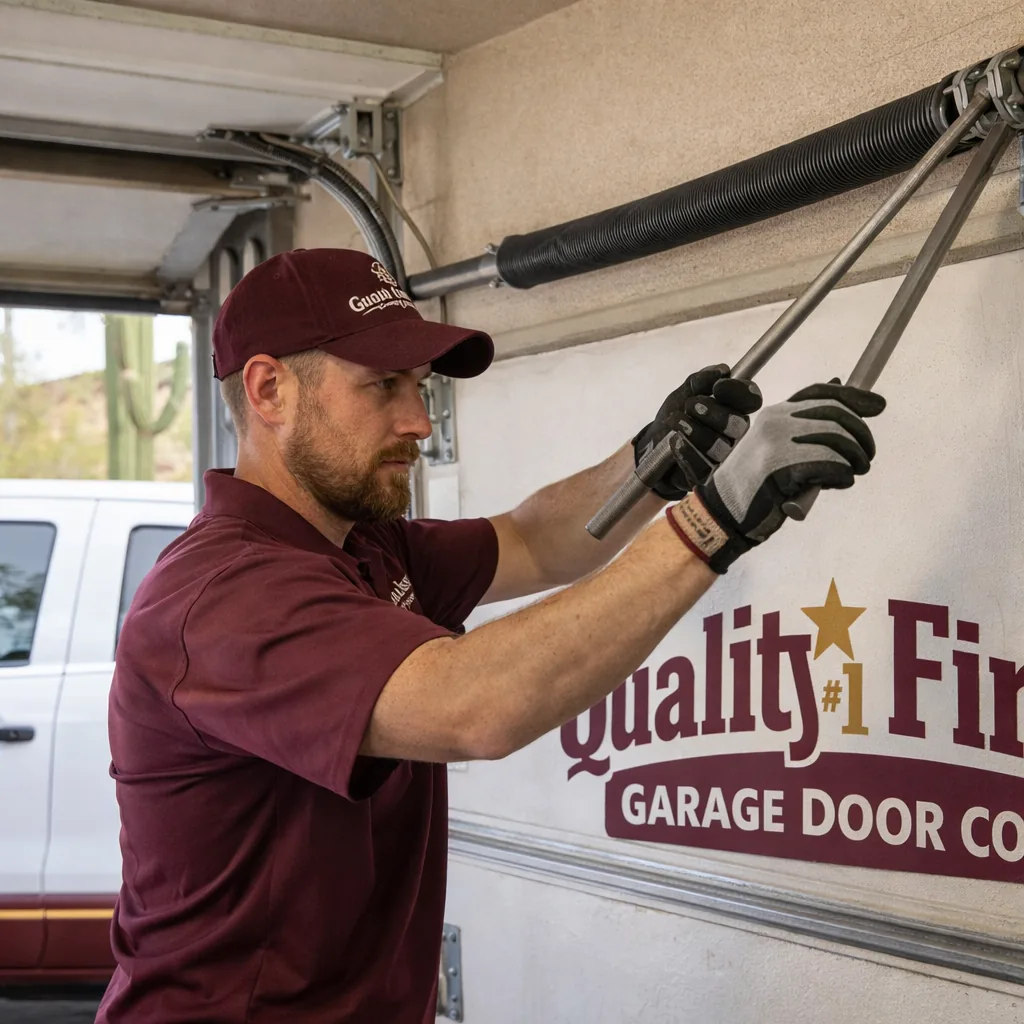 A uniformed technician adjusting the tension on a garage door torsion spring using winding bars in a residential garage.
