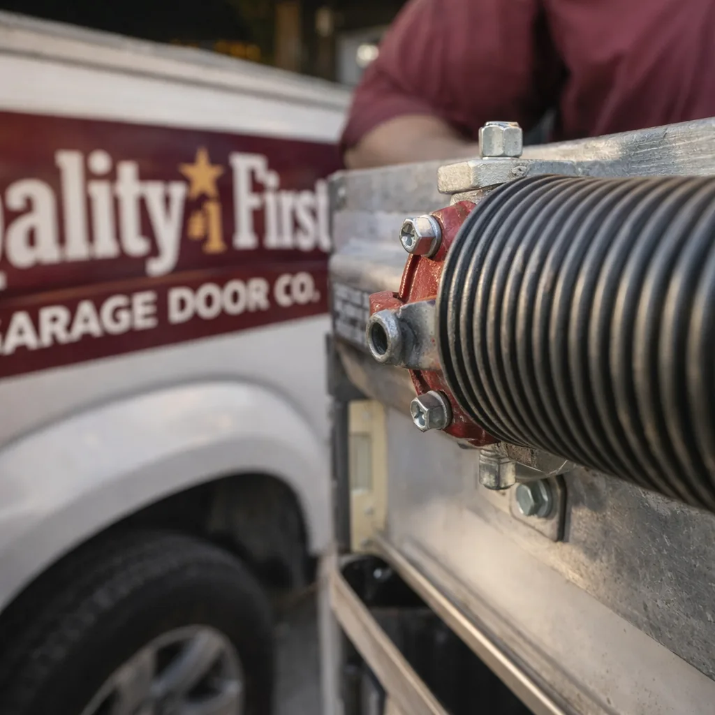 A close-up of a wound torsion spring and shaft above an open garage door, showing the coil and mounting hardware clearly.