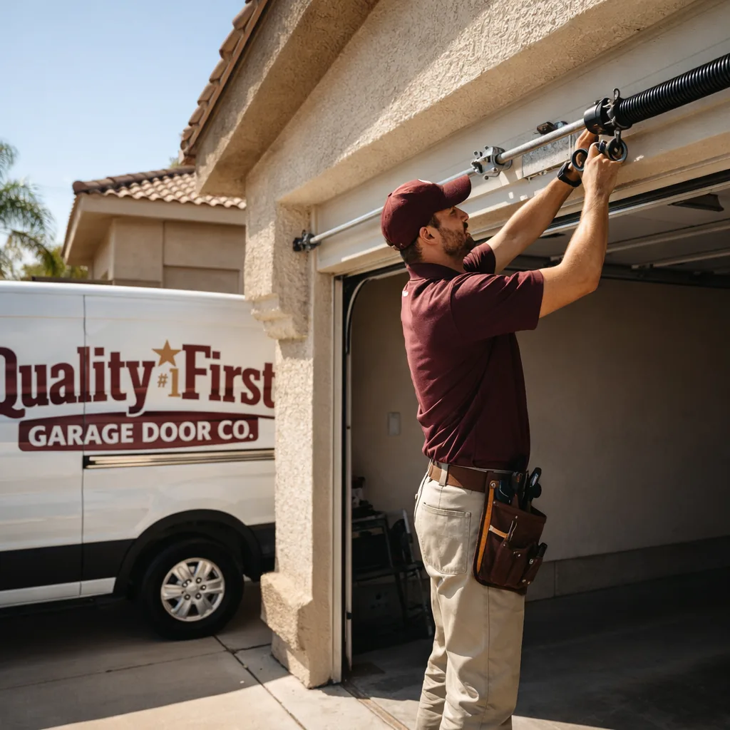 A uniformed technician replacing a torsion spring above an open residential garage door in a sunny Phoenix driveway.