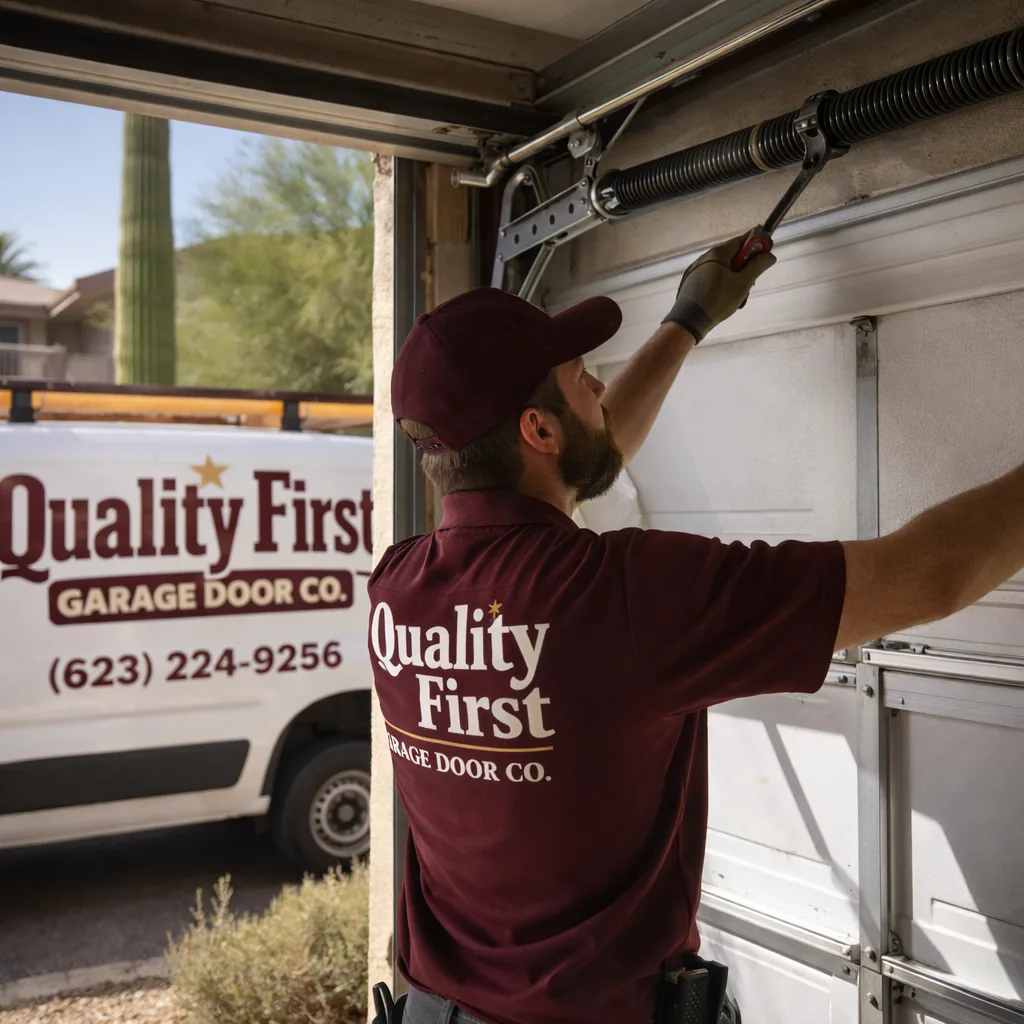 A Quality First Garage Door Co technician inspecting torsion springs on an open garage door at a Phoenix home during daylight