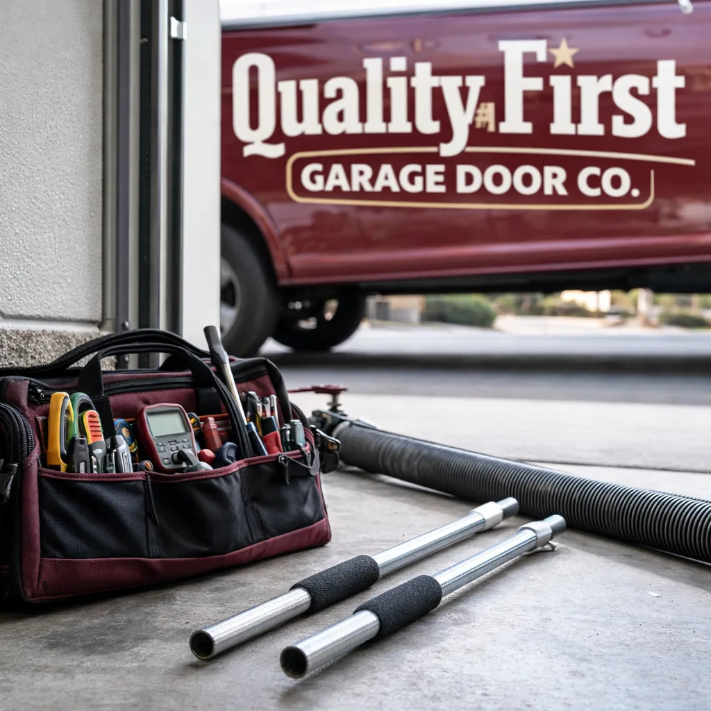 A technician's tool bag and spring-winding bars laid out on a garage floor beside an open panel, mid-repair.